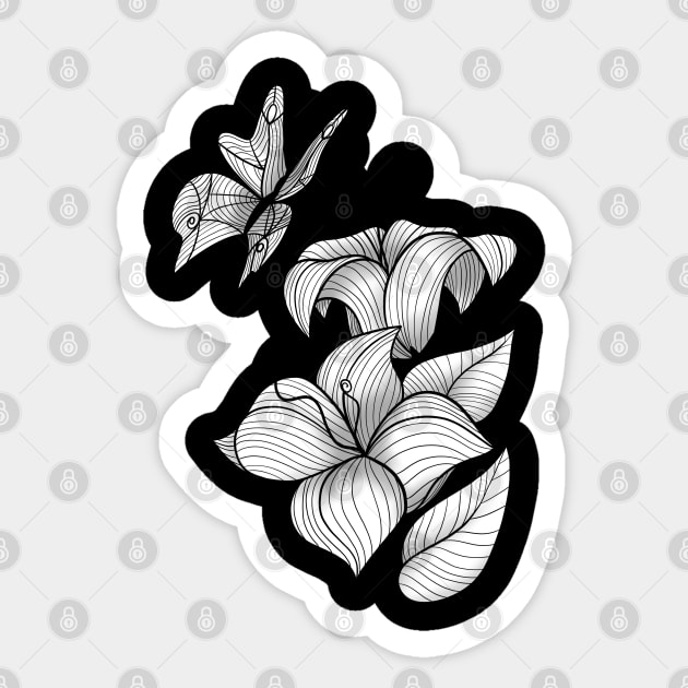 Black and white lily flowers with butterfly Sticker by Izzzzman